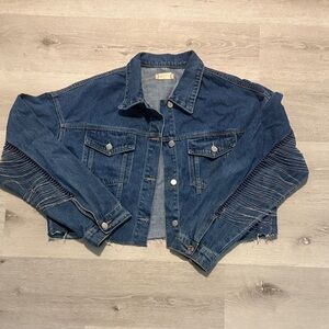 Blue Denim Oversized Cropped Jacket with Metal Fringe on Sleeves - Size M/L‎